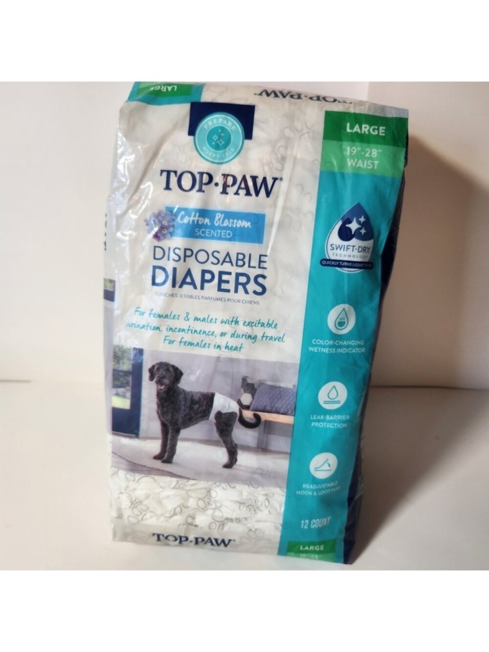 Top Paw Disposable Dog Diapers Large 12 Count Cotton Blossom Scented 19-28 Waist